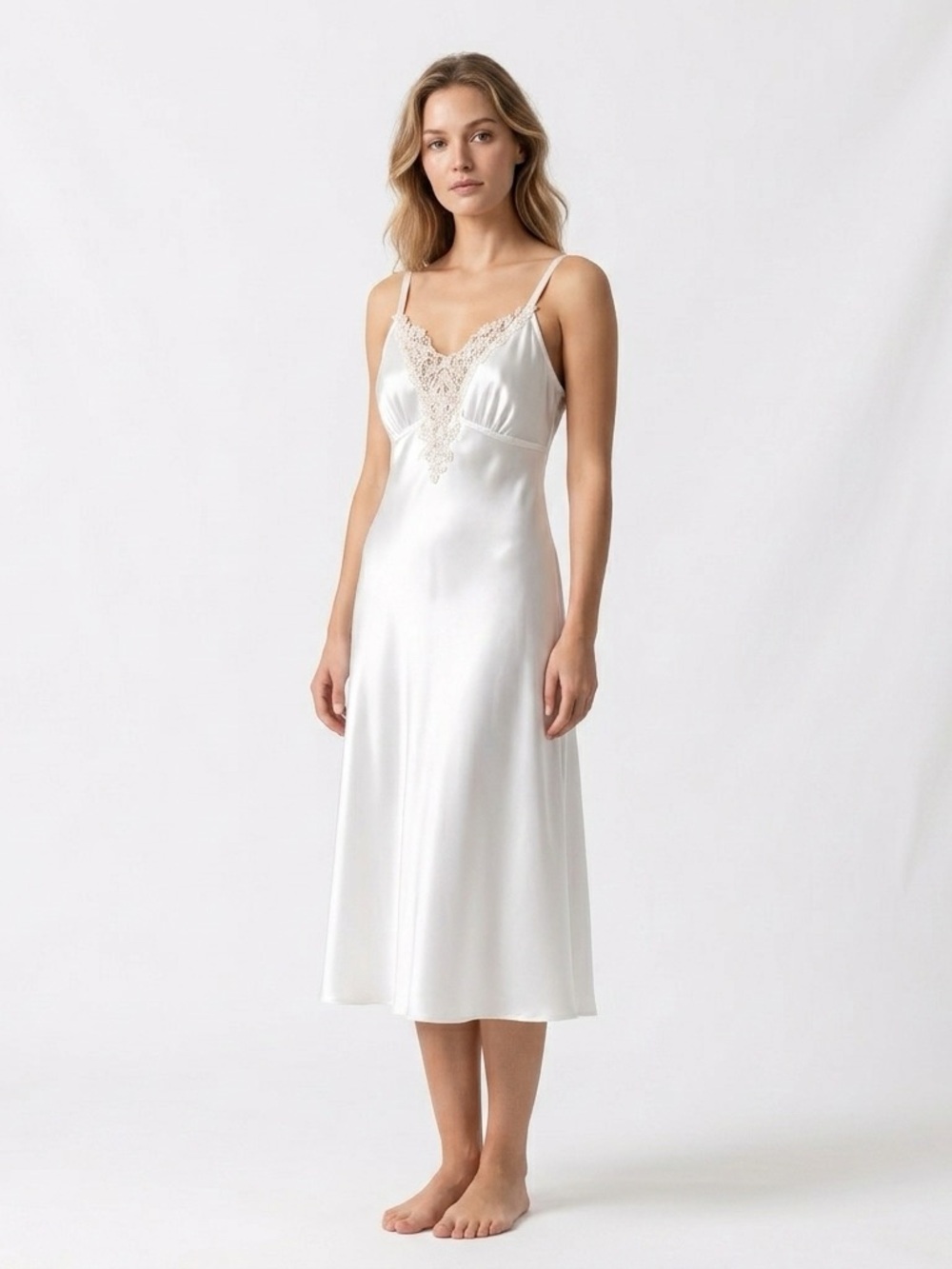 Linea Donatella White Satin Lace Bridal Nightgown Slip Dress Coquette Style M